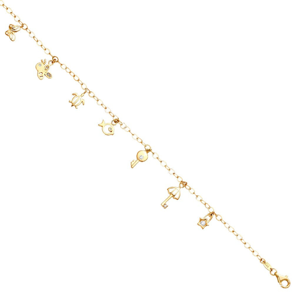 14K Solid Yellow Gold Anklet Bracelet  10" Long  -  7 Charms - AB770