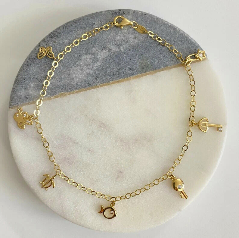 14K Solid Yellow Gold Anklet Bracelet  10" Long  -  7 Charms - AB770