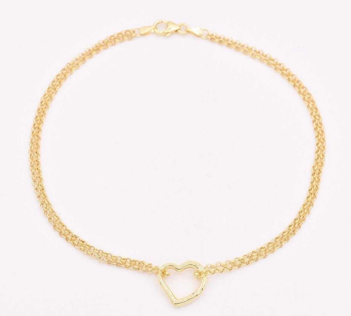 10" Open Shiny Heart Anklet Bracelet w/ Double Rolo Chain Real 10K Yellow Gold