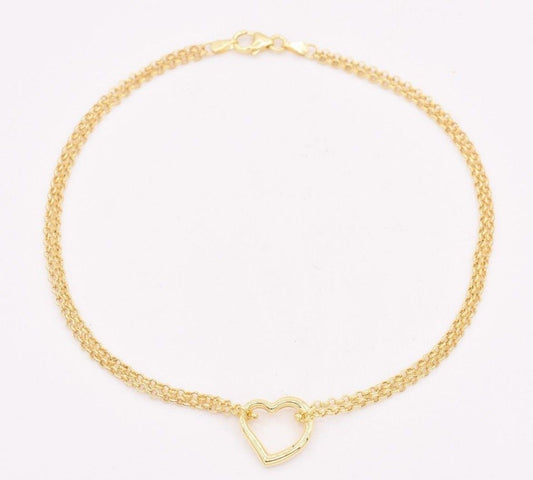 10" Open Shiny Heart Anklet Bracelet w/ Double Rolo Chain Real 10K Yellow Gold