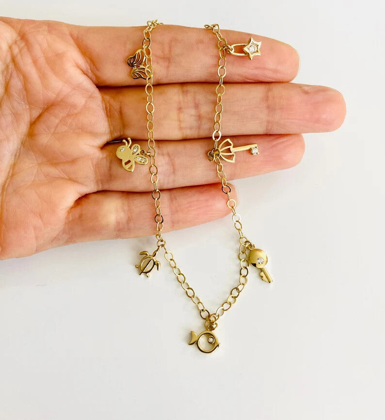 14K Solid Yellow Gold Anklet Bracelet  10" Long  -  7 Charms - AB770